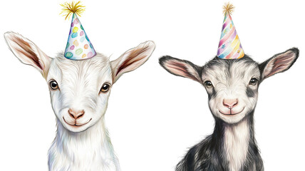 drawing portrait of cute baby goat with birthday cap isolated on transparent background