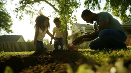 Family planting a young tree in their backyard during sunlight