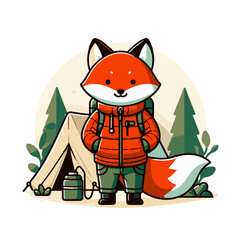 Outdoorsy fox in orange jacket by camping tent. Vector illustration for wilderness adventures, outdoor recreation, or camping supply retailers.