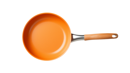 A top down view of an orange non stick frying pan with a wooden handle on a black backgroundisolated on transparent background	