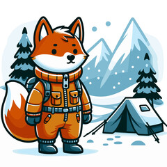Adventurous fox explorer in winter gear with snowy mountain background. Perfect for expedition branding or outdoor adventure illustration.