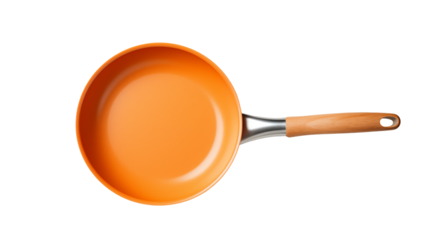 A top down view of an orange non stick frying pan with a wooden handle on a black backgroundisolated on transparent background	