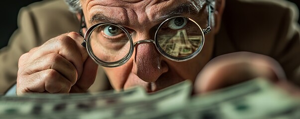 a person wearing glasses examining money with a magnifying glass.