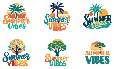 Set of Summer Vibes Logos with Trees and Sun