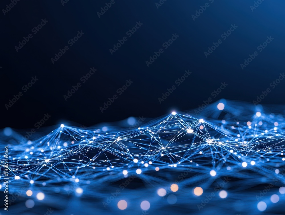 Poster abstract digital landscape with glowing connections and nodes in a dark background