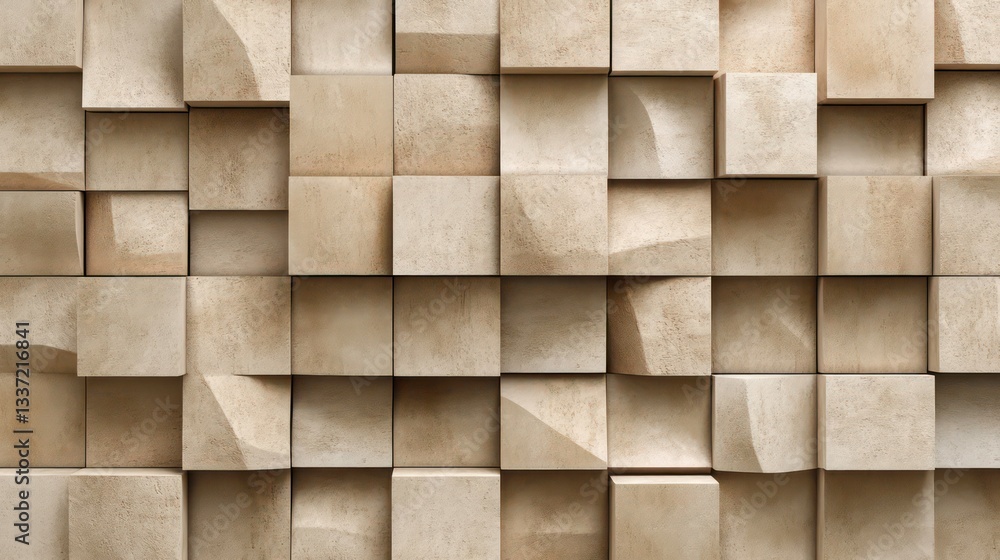 Poster 3d stacked beige brick cubes arranged in a vertical pattern, featuring smooth textures and subtle ea