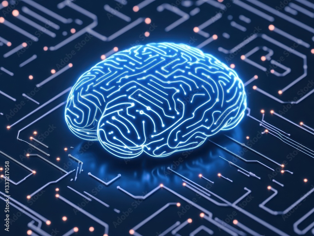 Poster futuristic digital brain illustration with circuit patterns and glowing nodes