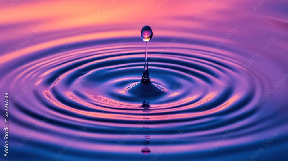 Poster captivating water drop impact creating ripple effect on a soft sunset backdrop