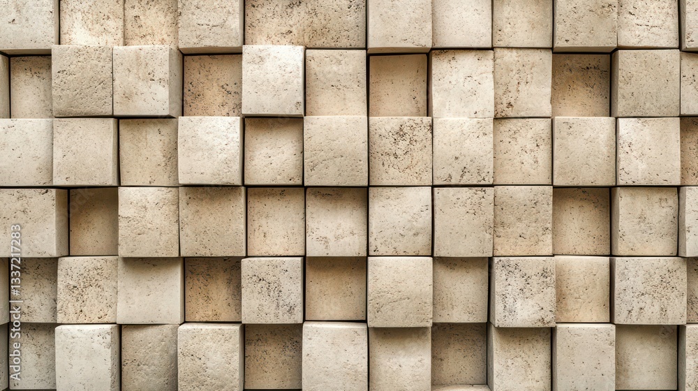 Poster 3d stacked beige brick cubes arranged in a vertical pattern, featuring smooth textures and subtle ea