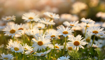 Fototapeta premium A field of white daisies with yellow centers bathed in warm sunlight, symbolizing purity and summer beauty.