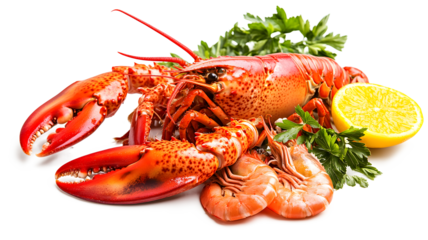 A large lobster is on a white background with a lemon and parsley. Concept of freshness and abundance, as the lobster is the main focus and surrounded by healthy, vibrant ingredients