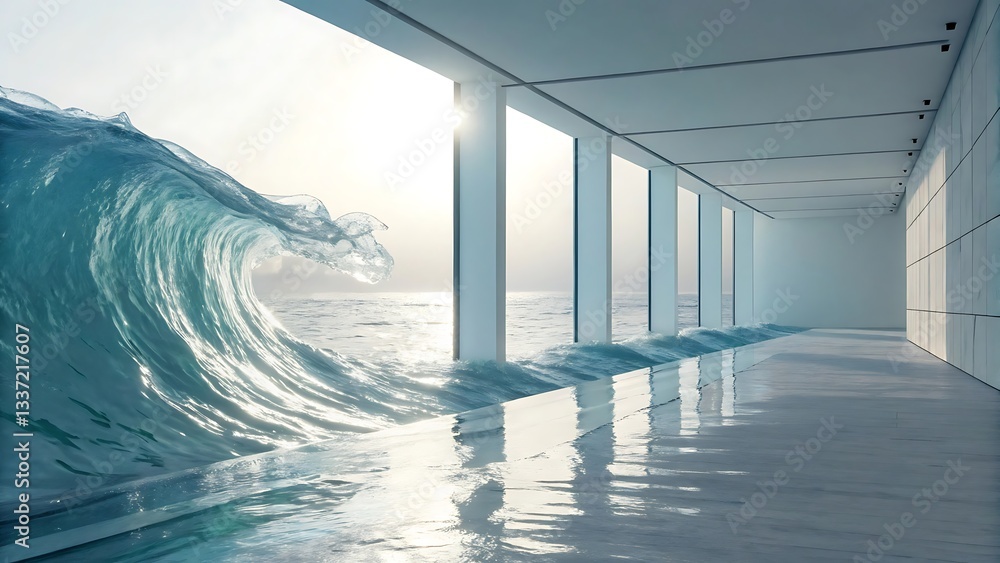 Poster surreal interior with ocean wave breaking through windows, combining architecture and nature's power