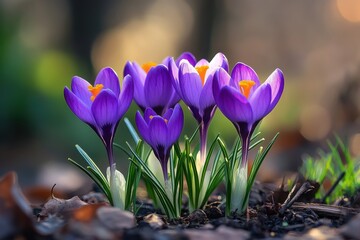 Purple crocus flowers bloom in a garden bed. Sunlight shines on petals with an orange center. Green leaves grow from the dark soil.