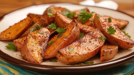 Seasoned Baked Sweet Potato Wedges on Plate