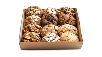 A box of cookies with nuts in it. The box is brown and has a white background. The cookies are arranged in a row and are ready to be eaten
