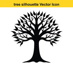 Fototapeta premium A collection of tree silhouettes in a natural setting with various tree types like pine, oak, and birch, featuring outlines and patterns of branches, leaves, and flowers, ideal for a nature design