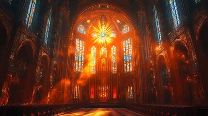Fototapeta premium Gothic cathedral lights glowing stained glass high resolution hd image