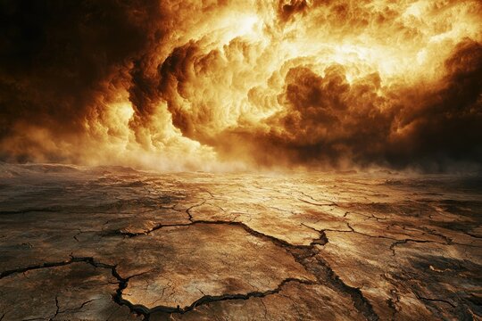 Apocalyptic landscape: cracked earth under fiery, ominous clouds; a scene of devastation and climate change.