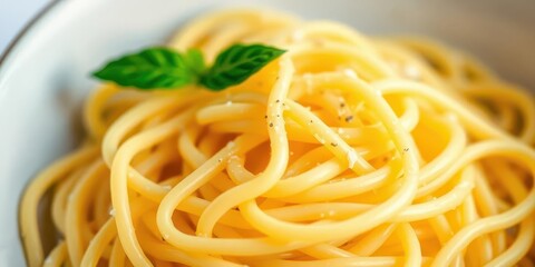 Close-up of creamy pale yellow fettuccine pasta,  dinner, creamy