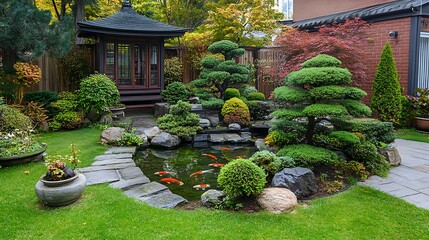 Obraz premium A serene garden with a Japanese pagoda, a koi pond, and carefully trimmed bonsai trees