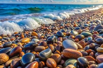 Obraz premium Naturally Polished Metallic Ore Pebbles on a Pristine Beach with Gentle Ocean Waves