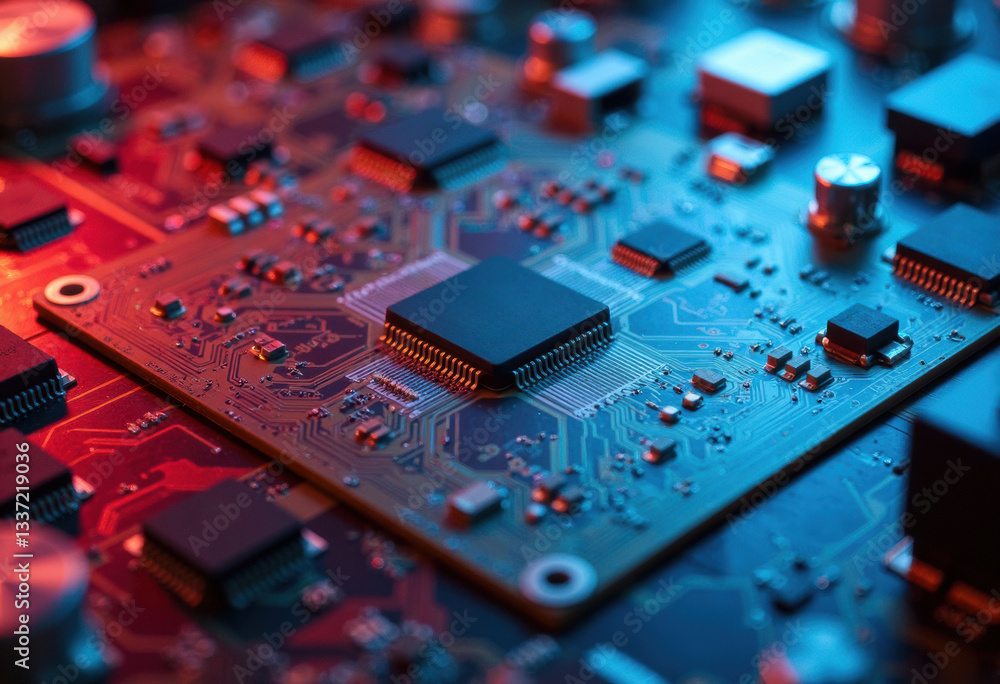 Poster close-up of a circuit board showcasing intricate electronic components