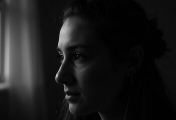 A thoughtful woman gazes out of a window in soft black and white tones