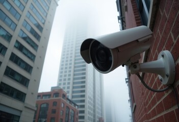 Surveillance camera mounted on a building in a foggy urban environment