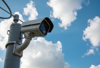 Security camera mounted on a pole against a blue sky with clouds