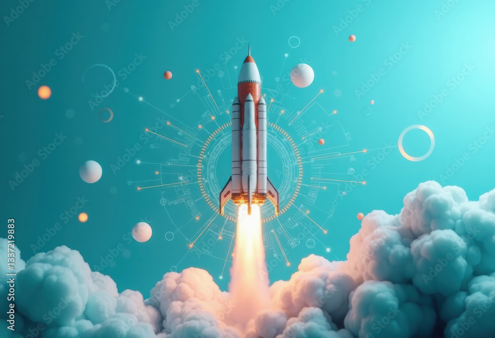Aufkleber a rocket launching into space with vibrant clouds and celestial elements