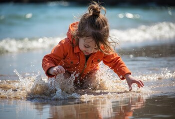 Fototapeta premium A joyful child playing in the shallow water at the beach