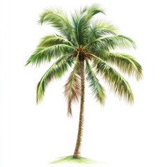 Isolated tropical palm tree, vibrant green foliage, slender trunk, tropical aesthetic