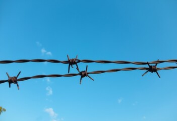 Barbed wire against a clear blue sky, showcasing a rugged outdoor scene