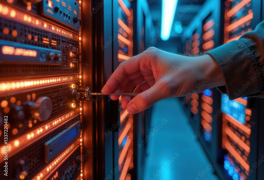 Poster a hand operating a server lock in a data center with glowing lights
