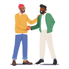 Man freelancers characters shaking hands showcasing partnership and solidarity isolated on white
