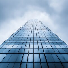 Fototapeta premium Modern skyscraper against cloudy sky viewed from ground perspective high resolution picture