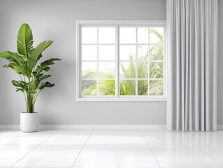Fototapeta premium Bright and airy interior with large window showcasing lush greenery outside