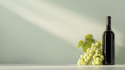 Fototapeta premium minimalist wine bottle with green grapes and leaves on light background. composition evokes sense of calm and elegance