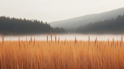 Fototapeta premium Serene autumnal landscape golden field misty forest tranquil morning