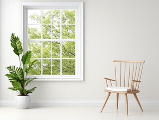 Fototapeta premium Bright and airy interior with a window view of lush greenery and a stylish chair