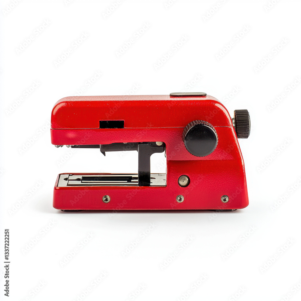 Poster bright red stapler positioned on a clean surface capturing the essence of office supplies with ample