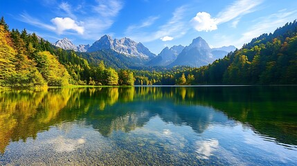 Obraz premium A serene mountain lake with clear water reflecting the surrounding peaks and a few scattered clouds
