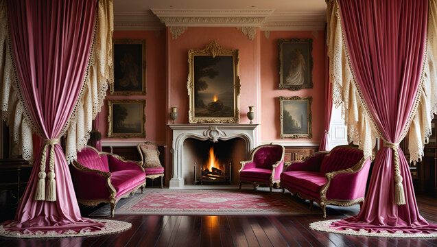 A regal drawing-room bathed in warm light, featuring plush velvet sofas and ornate curtains, creating an atmosphere of elegant comfort and timeless beauty.