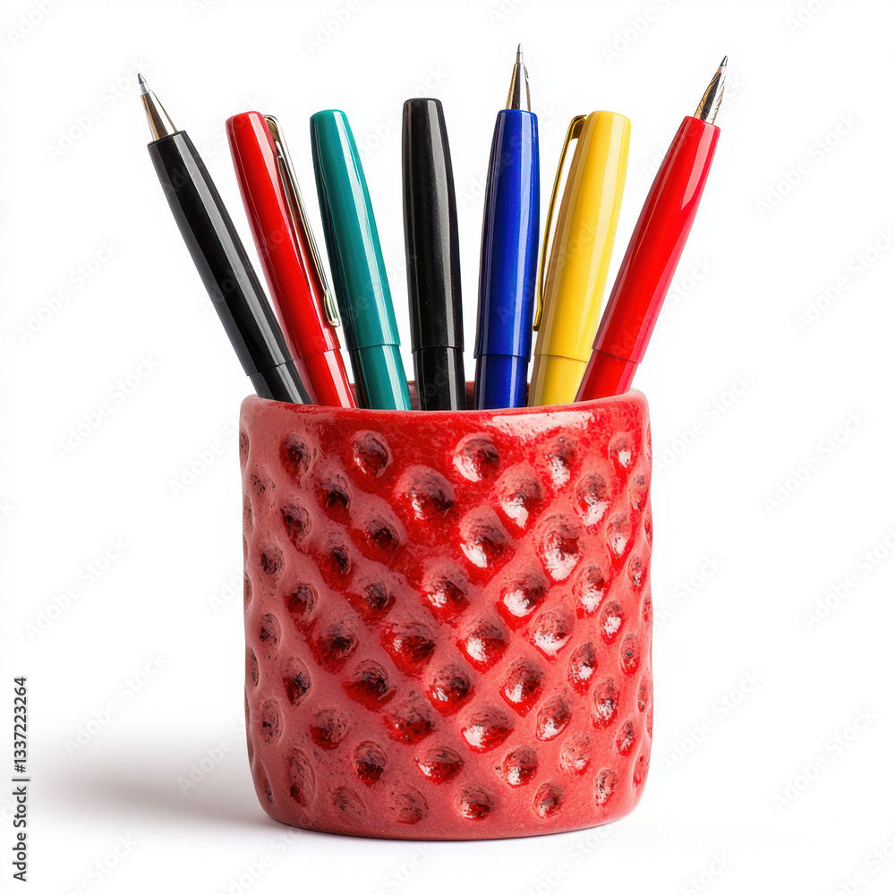 Poster striking red vase filled with colorful pens captured in realistic photography featuring ample copy s