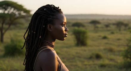 Profile of a woman with dreadlocks looking out over a grassy plain at dusk with trees in the distance