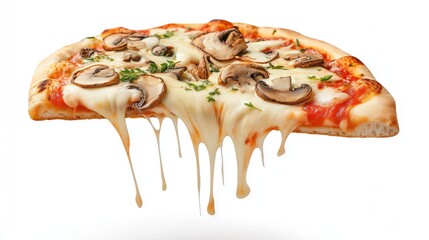 Slice of pizza with melted cheese and mushrooms dripping on white background