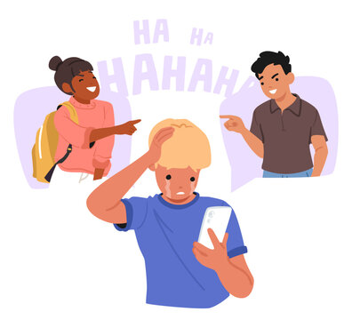 Teenage boy character crying feeling upset and grief due to teasing and threats from one-year-olds