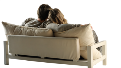 couple sitting on couch back view isolated on white background PNG. GENERATIVE AI