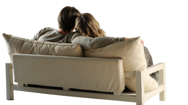 couple sitting on couch back view isolated on white background PNG. GENERATIVE AI