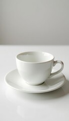 Obraz premium Single empty plate & cup, side view, spotless white , surface, photography, view
